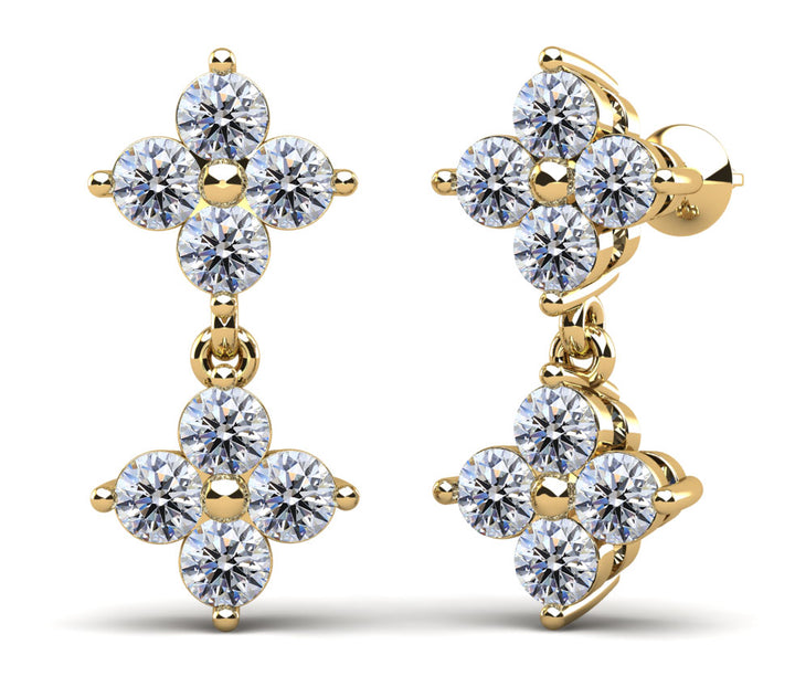 Elegant Diamond Drop Earrings with Dual Clusters of 4 Diamonds