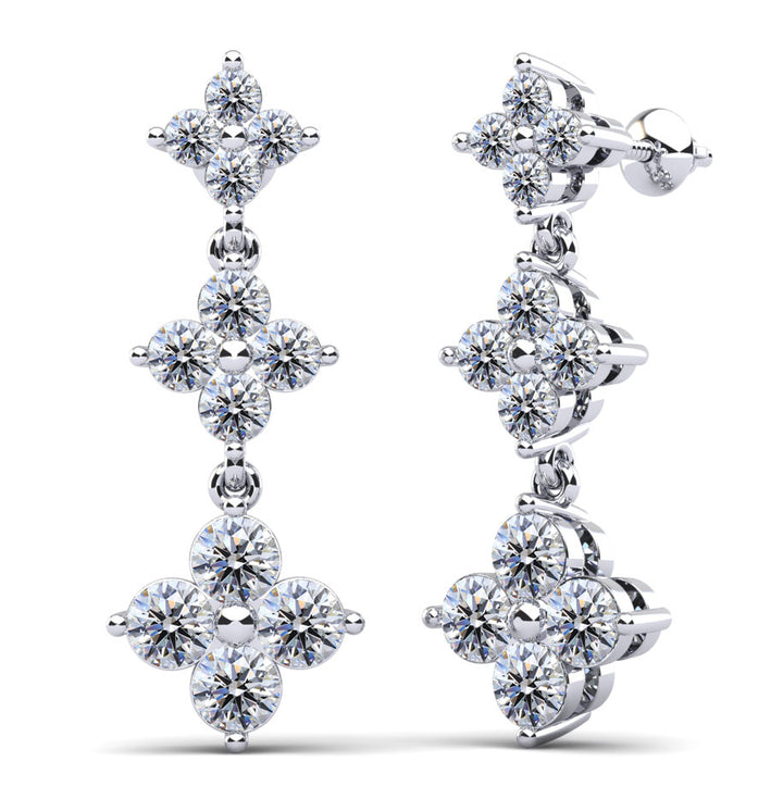 Elegant Diamond Drop Earrings with Triple Clusters and Three Diamond Sizes