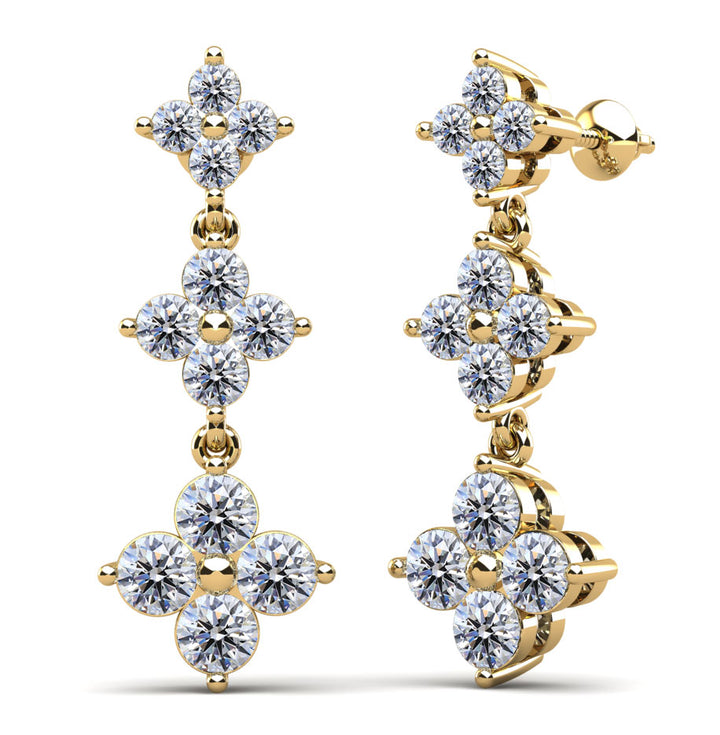 Elegant Diamond Drop Earrings with Triple Clusters and Three Diamond Sizes
