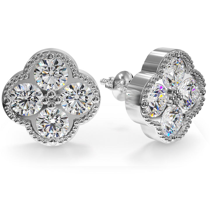 Four Diamond Clover Stud Earrings with Mil-grain Edges