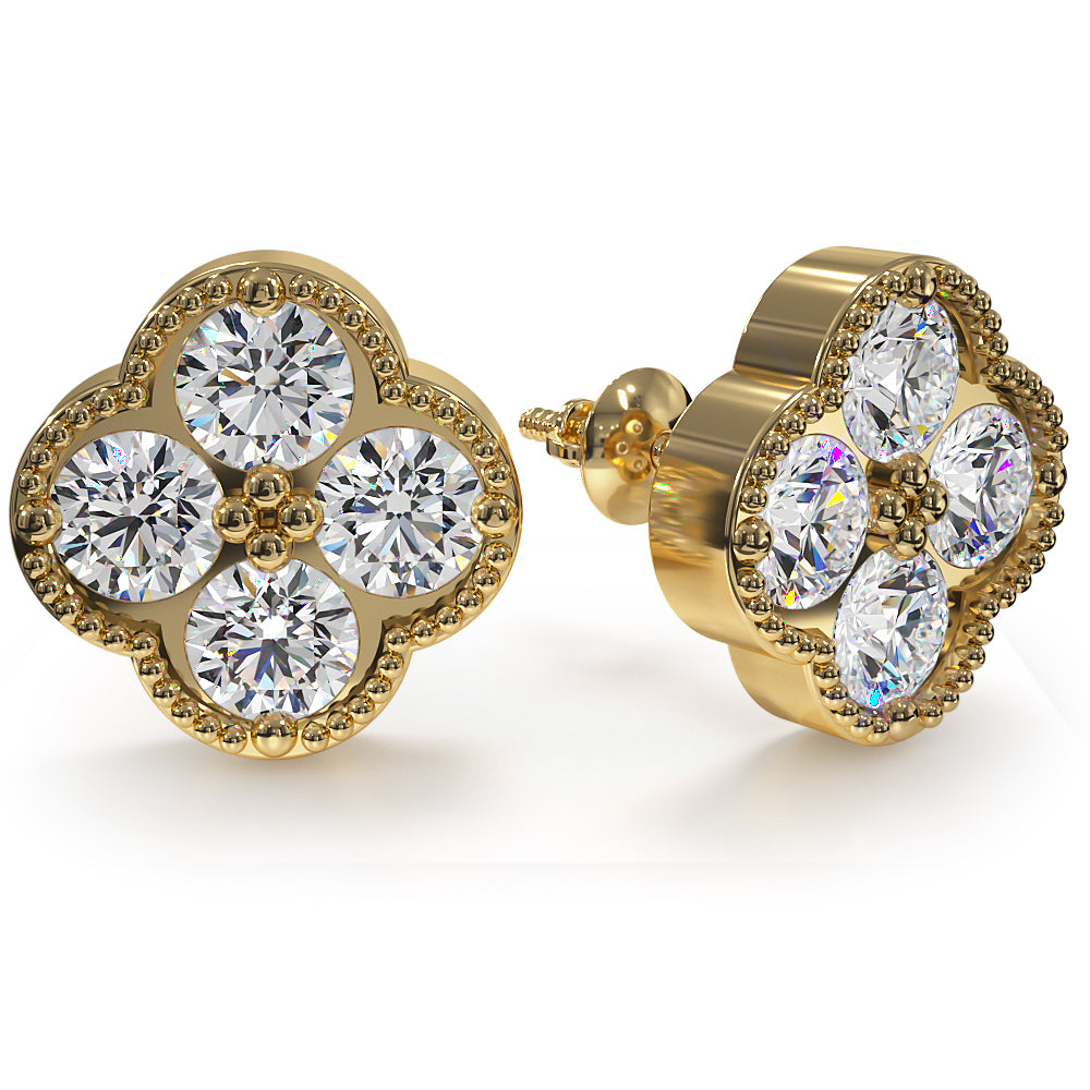 Four Diamond Clover Stud Earrings with Mil-grain Edges