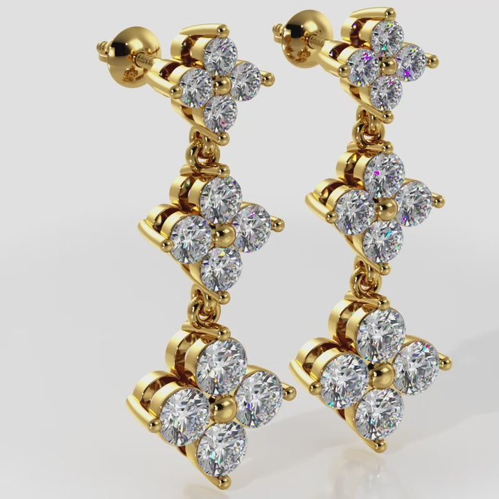 Elegant Diamond Drop Earrings with Triple Clusters and Three Diamond Sizes
