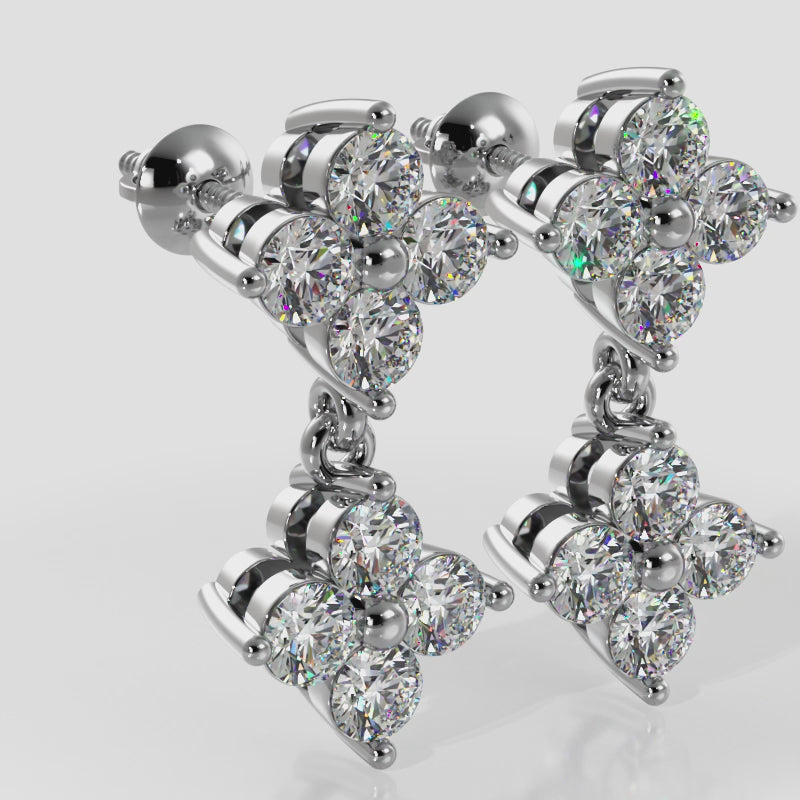 Elegant Diamond Drop Earrings with Dual Clusters of 4 Diamonds
