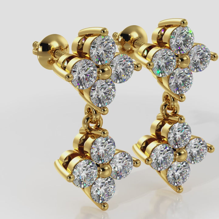 Elegant Diamond Drop Earrings with Dual Clusters of 4 Diamonds