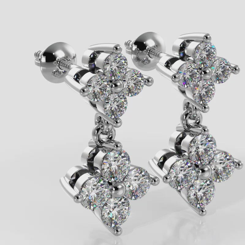 Elegant Diamond Drop Earrings with Dual Clusters and Two Diamond Sizes