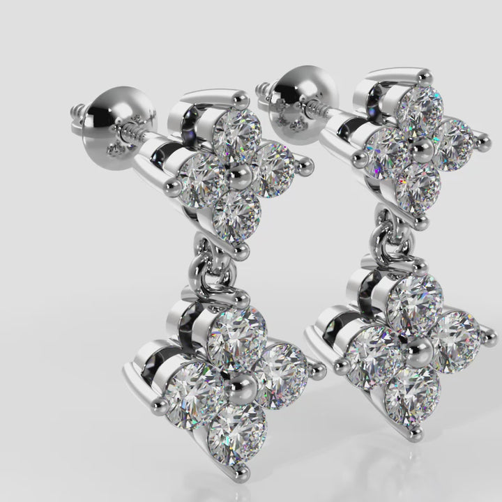 Elegant Diamond Drop Earrings with Dual Clusters and Two Diamond Sizes