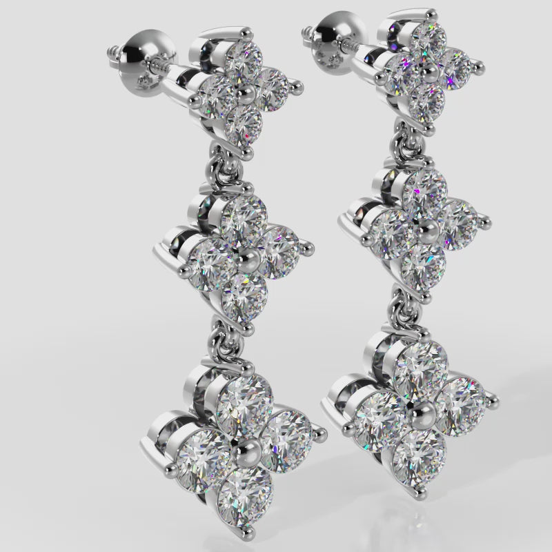 Elegant Diamond Drop Earrings with Triple Clusters and Three Diamond Sizes