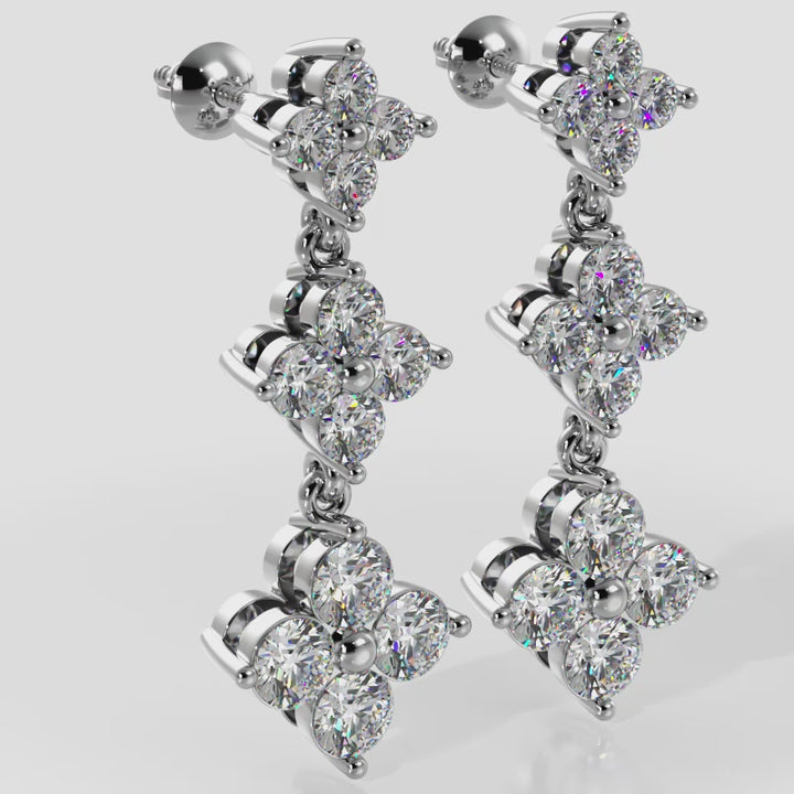 Elegant Diamond Drop Earrings with Triple Clusters and Three Diamond Sizes