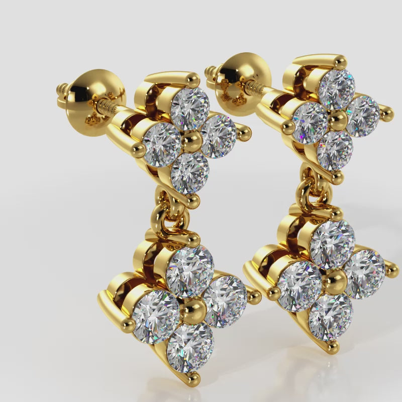 Elegant Diamond Drop Earrings with Dual Clusters and Two Diamond Sizes